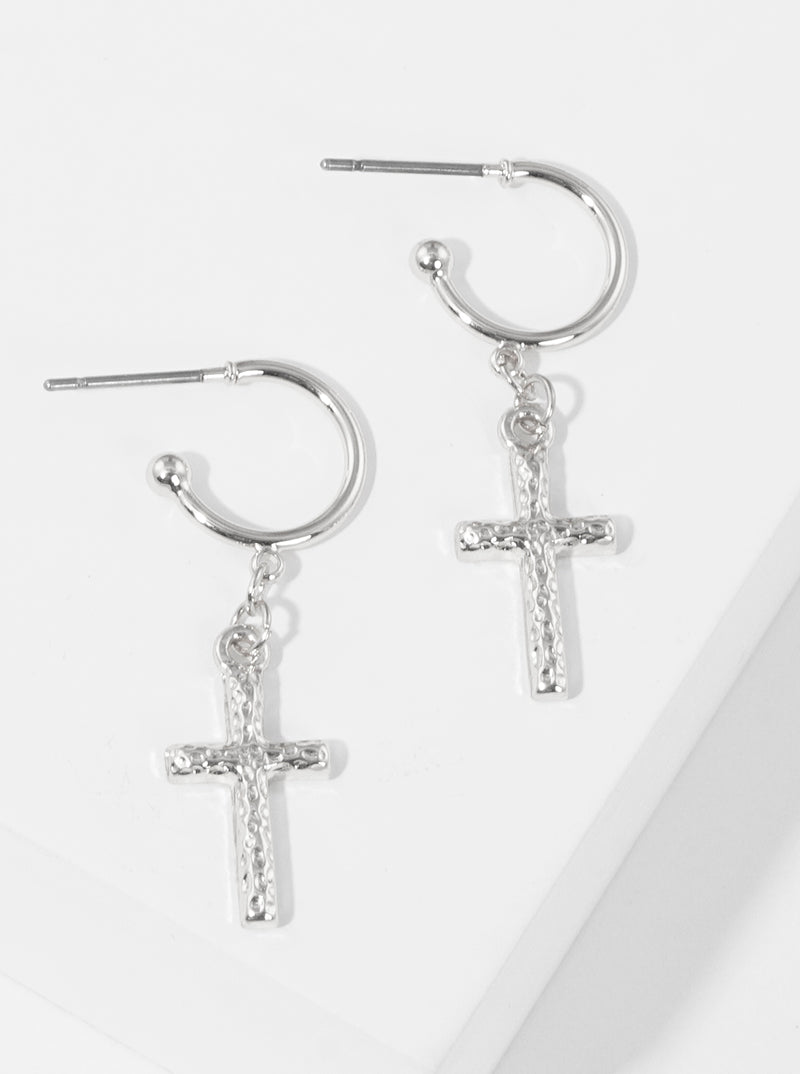 Hammered Metal Cross Drop 10mm Huggie Hoop Earrings