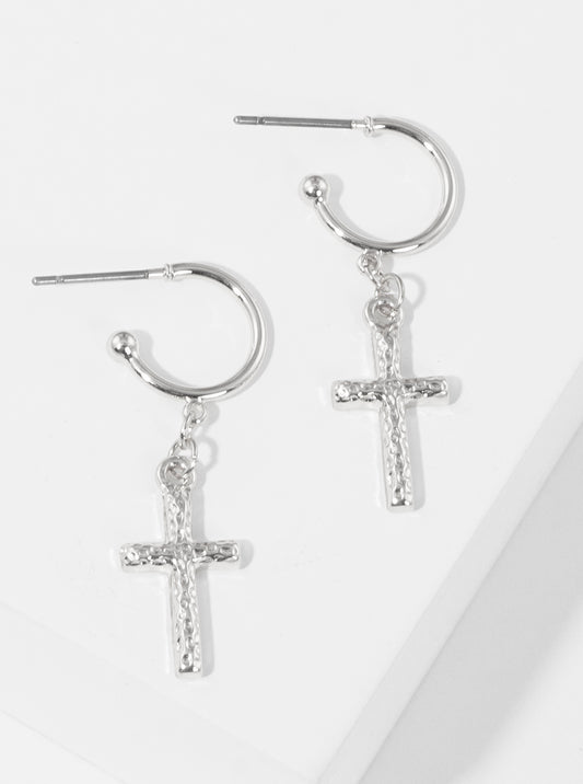 Hammered Metal Cross Drop 10mm Huggie Hoop Earrings
