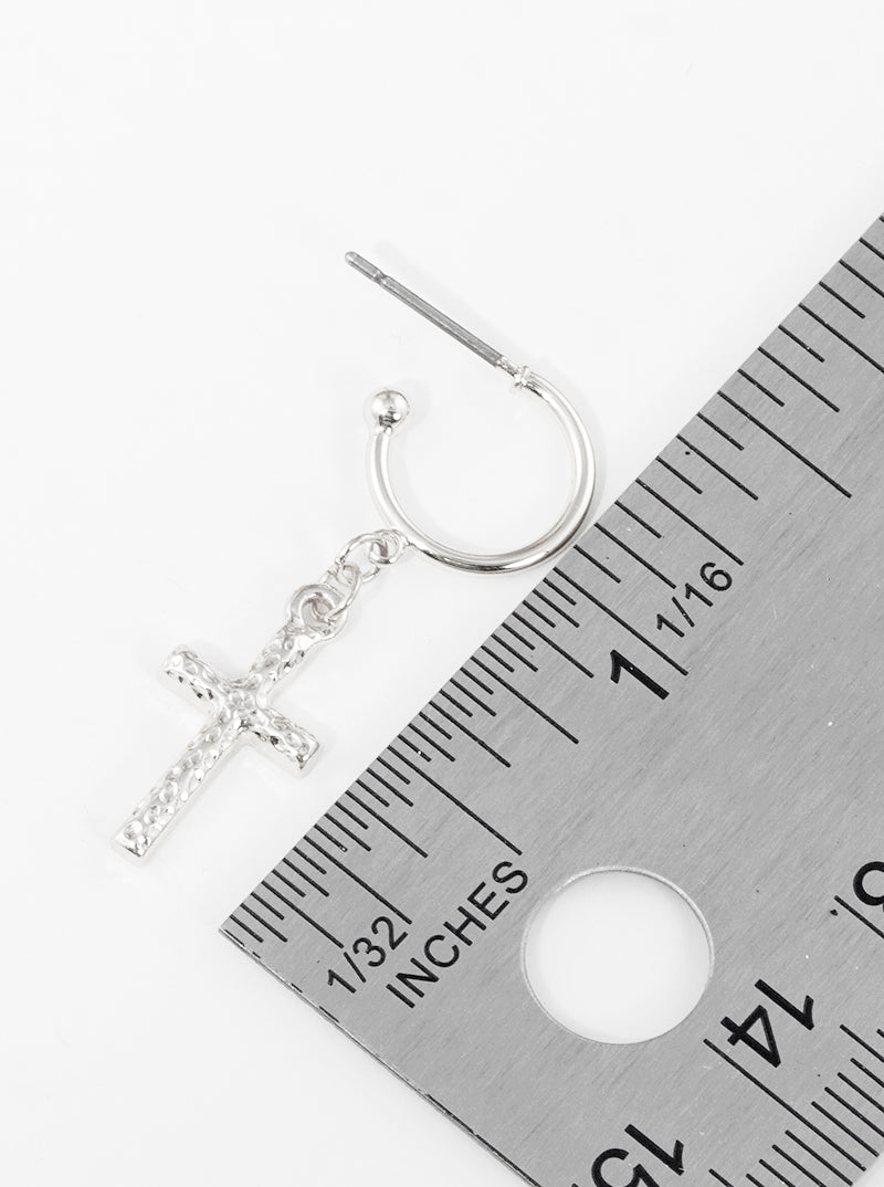 Hammered Metal Cross Drop 10mm Huggie Hoop Earrings