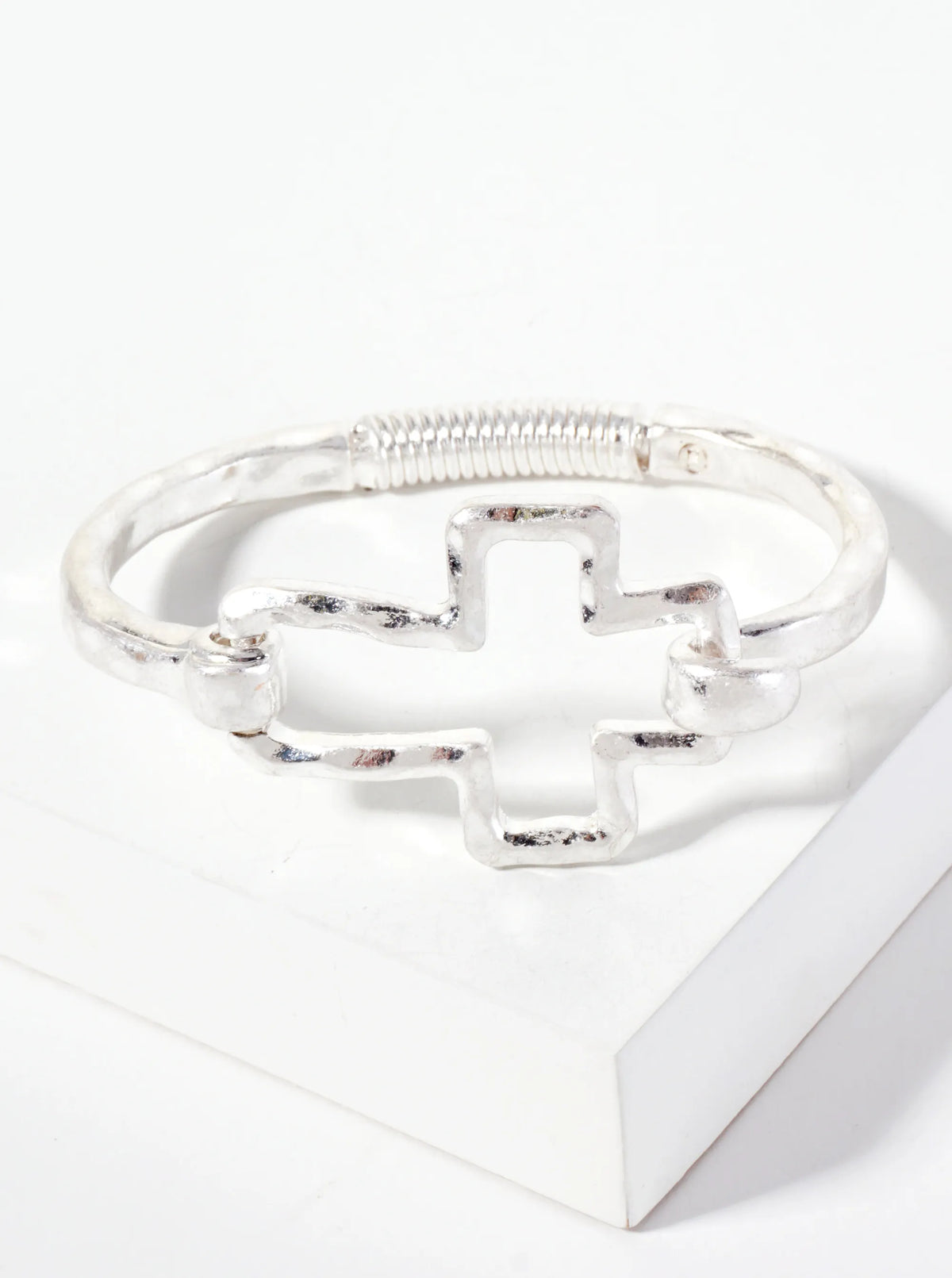 Hammered Metal Cross Hook Clasp Hinged Bracelet