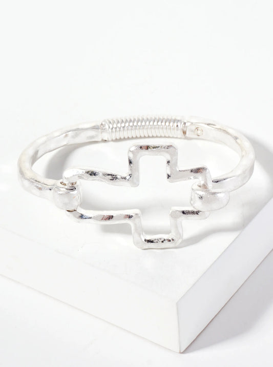 Hammered Metal Cross Hook Clasp Hinged Bracelet