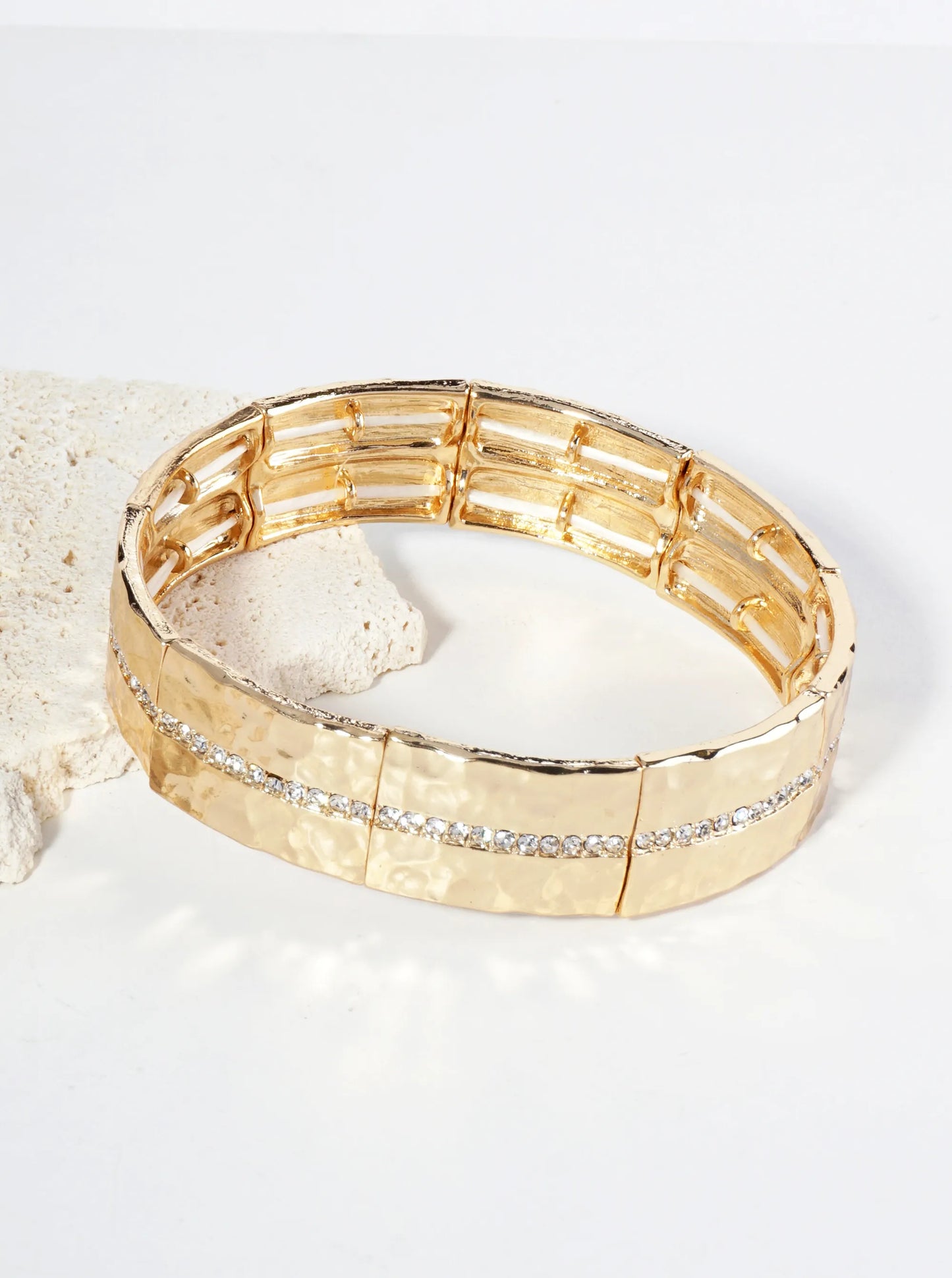 Hammered Metal Crystal Pave Stretch Bracelet