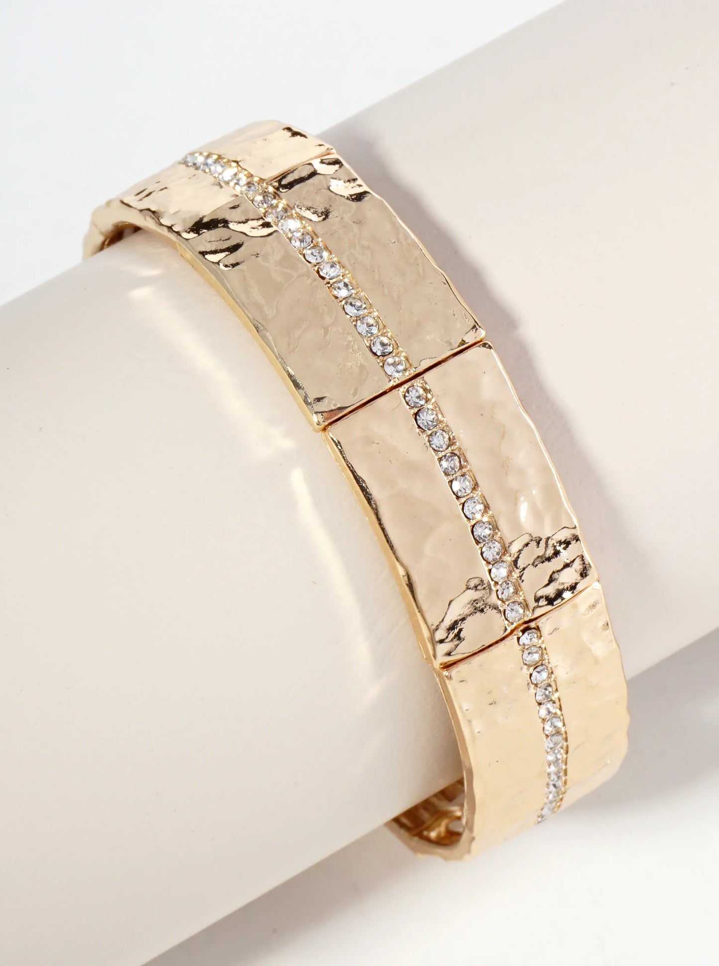 Hammered Metal Crystal Pave Stretch Bracelet