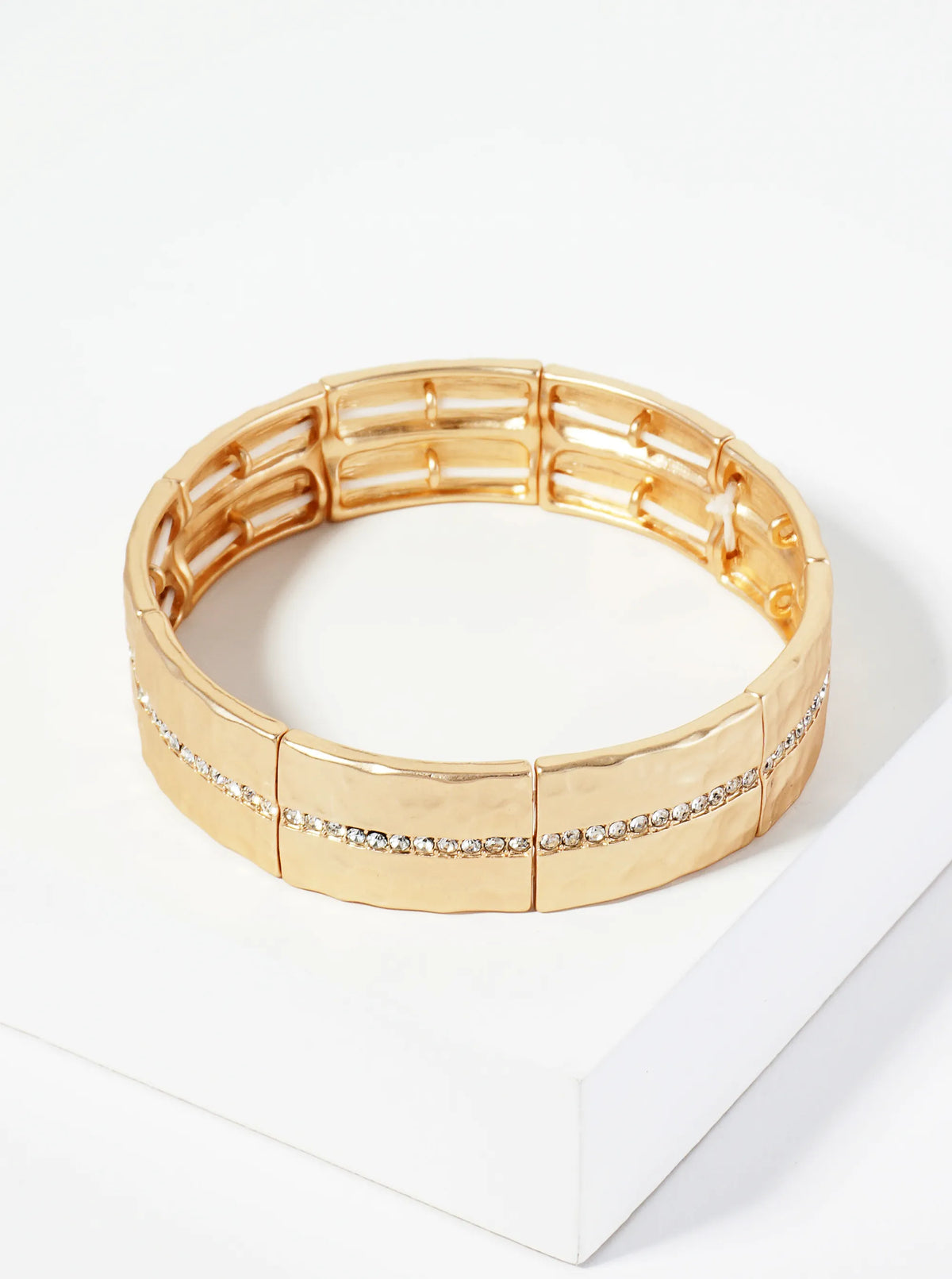 Hammered Metal Crystal Pave Stretch Bracelet