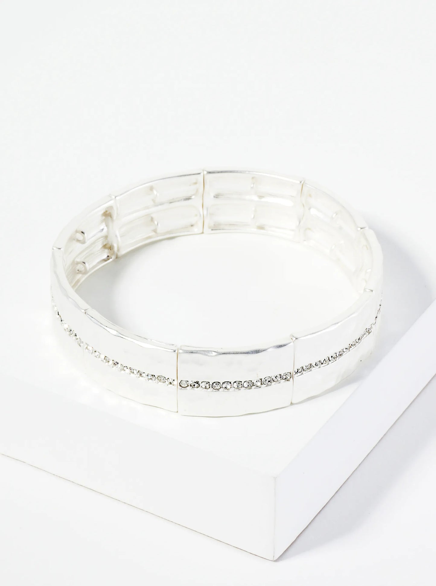 Hammered Metal Crystal Pave Stretch Bracelet