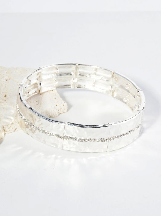 Hammered Metal Crystal Pave Stretch Bracelet
