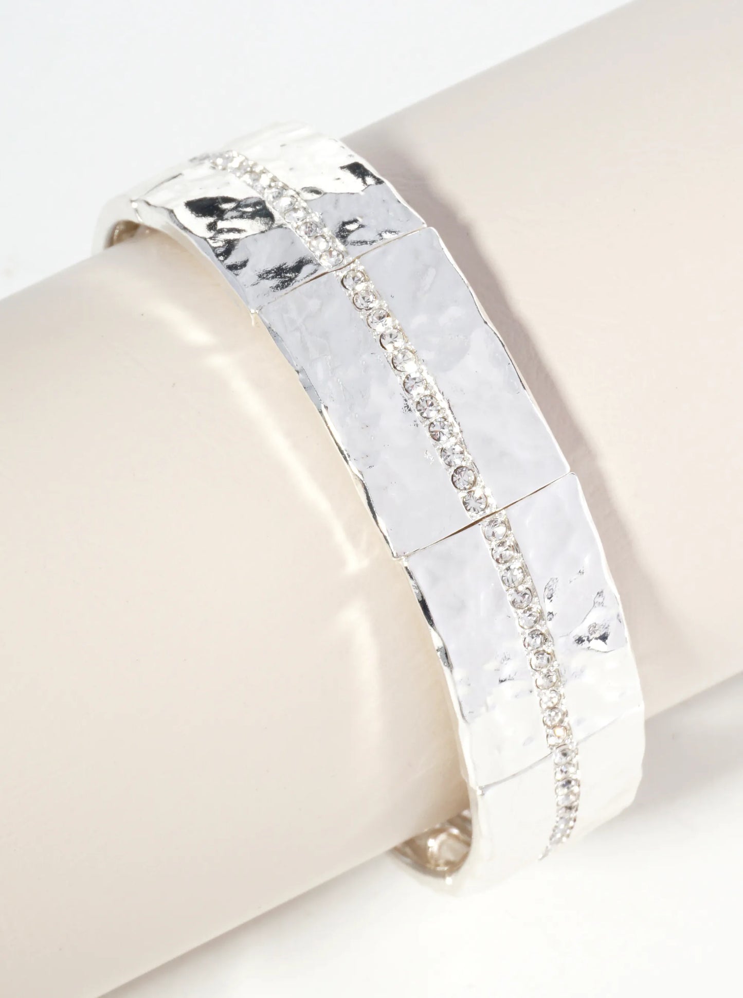 Hammered Metal Crystal Pave Stretch Bracelet