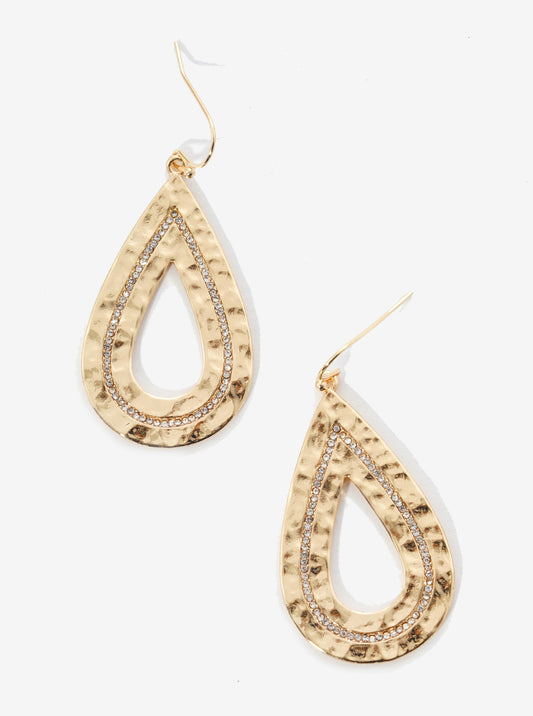 Hammered Metal Crystal Pave Teardrop Dangle Drop Earrings