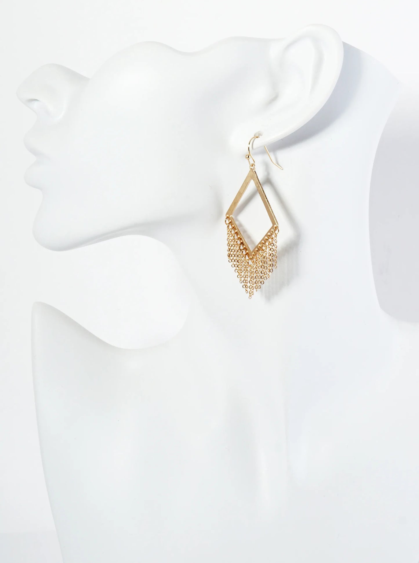 Hammered Metal Diamond Shape Earrings With Chains Hanging Down