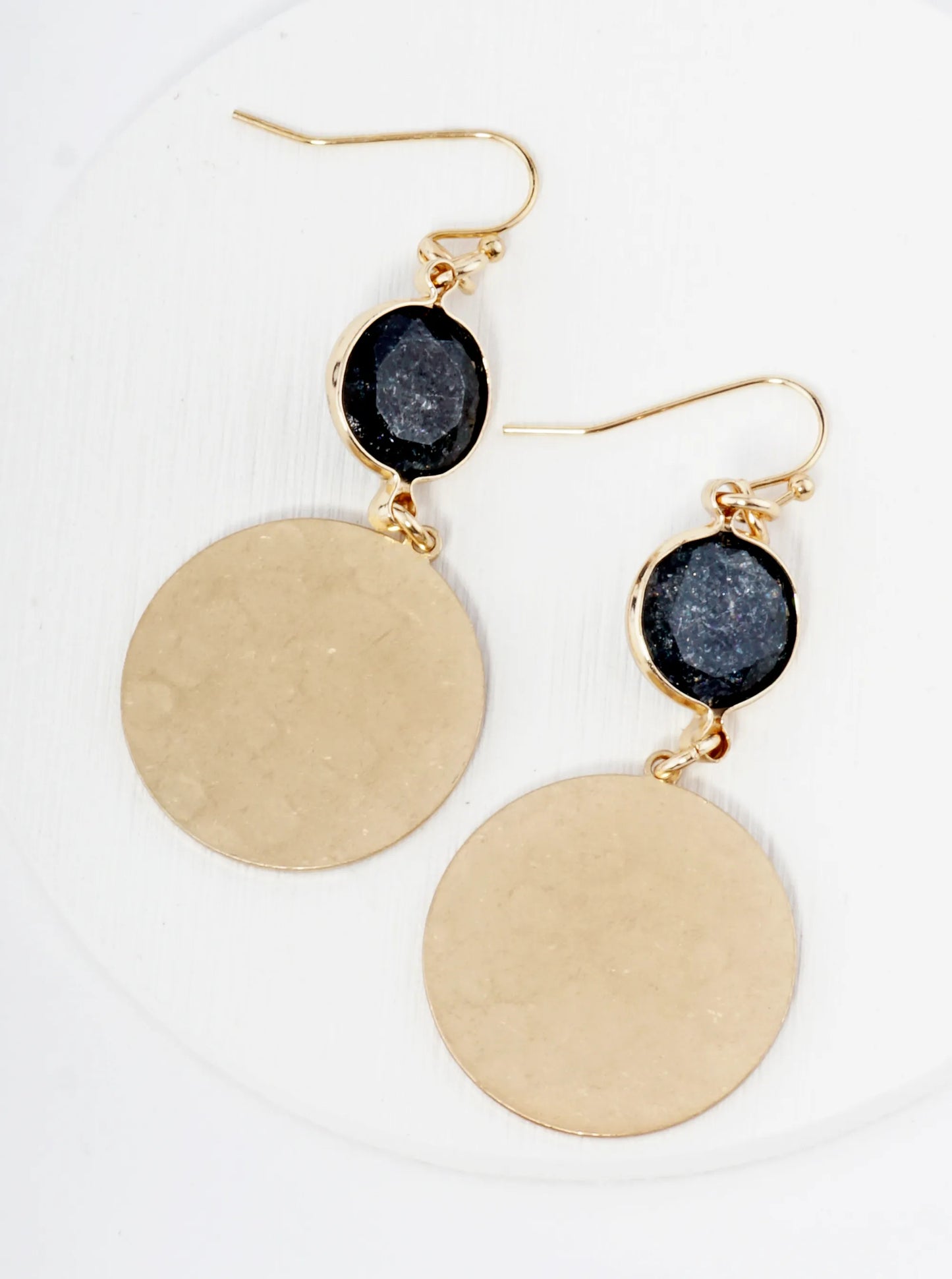 Hammered Metal Disc Drop Glass Stone Dangle Drop Earrings