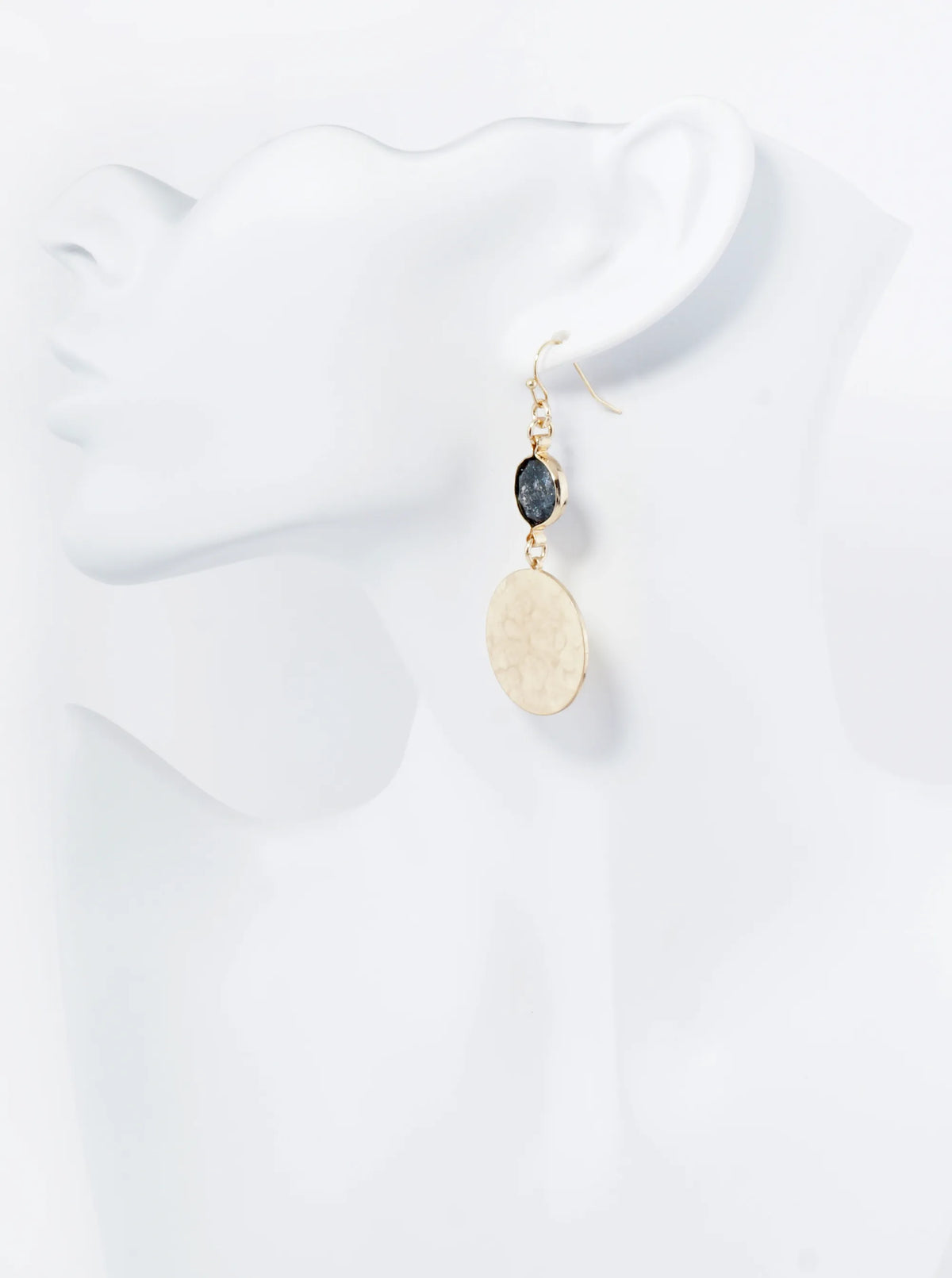 Hammered Metal Disc Drop Glass Stone Dangle Drop Earrings