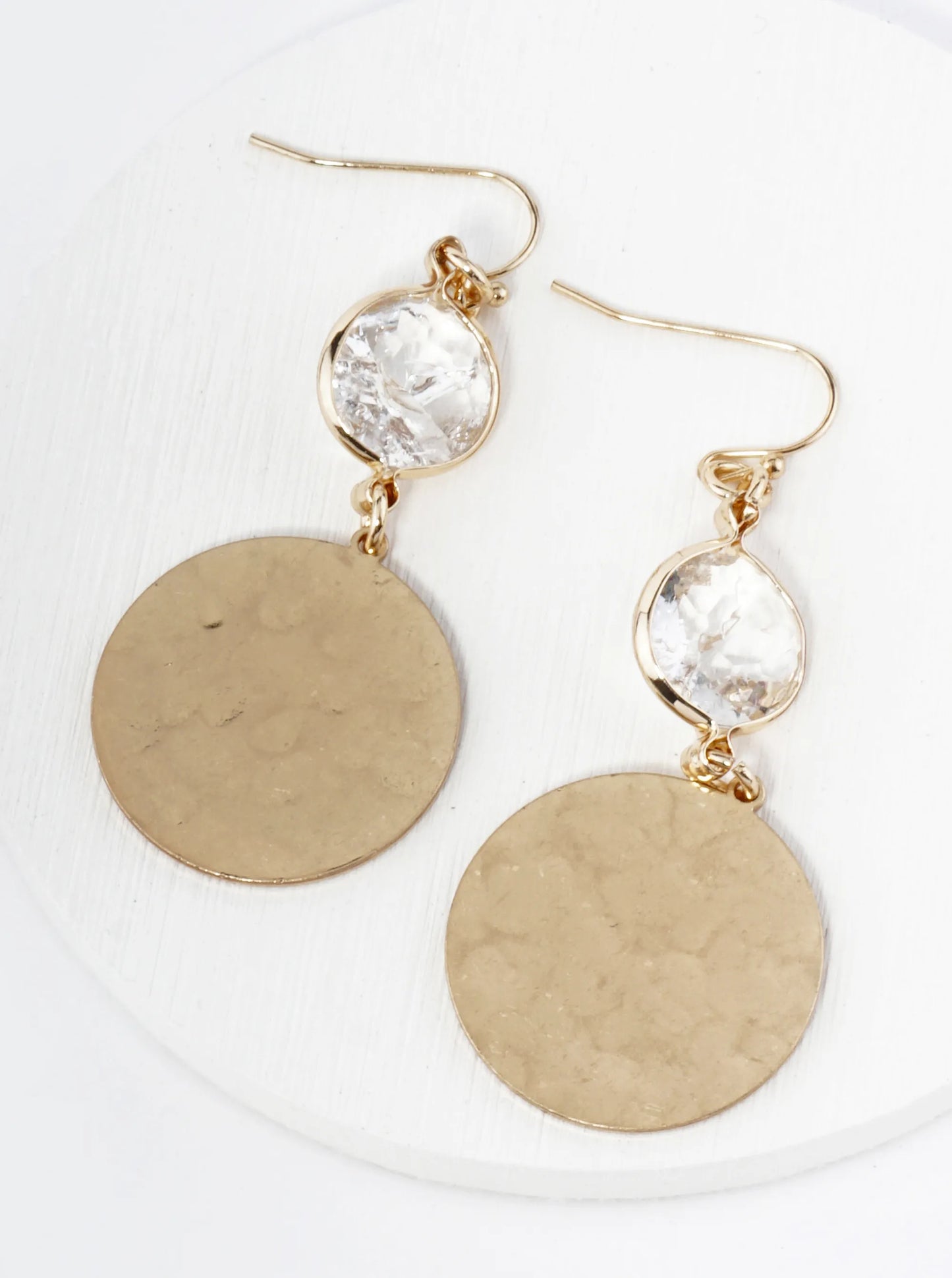 Hammered Metal Disc Drop Glass Stone Dangle Drop Earrings