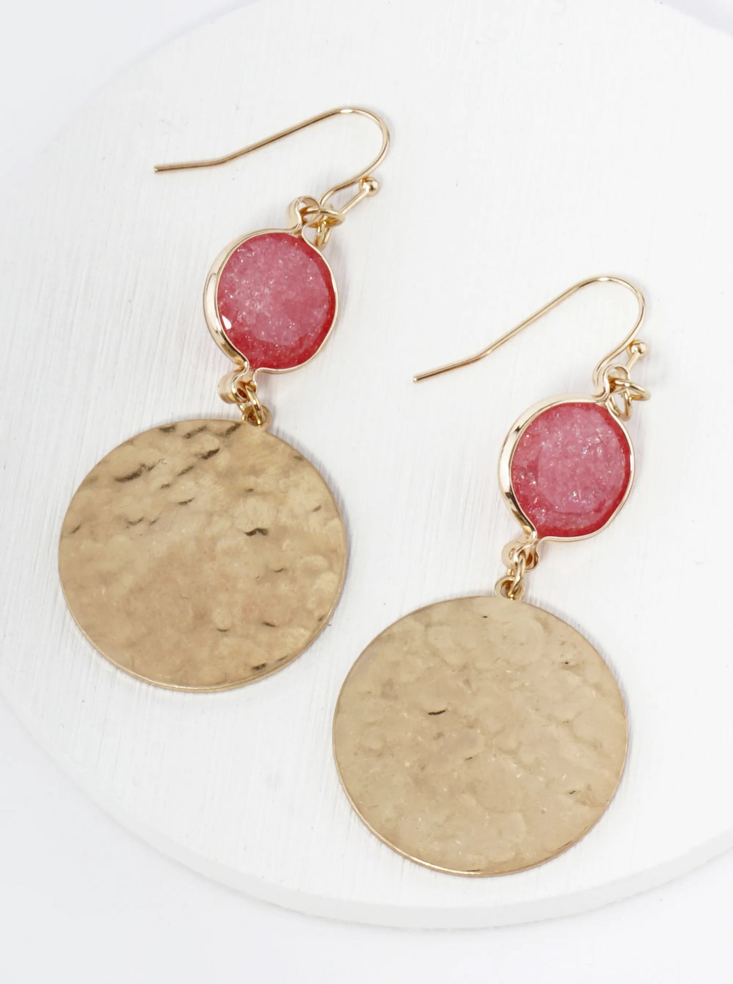 Hammered Metal Disc Drop Glass Stone Dangle Drop Earrings