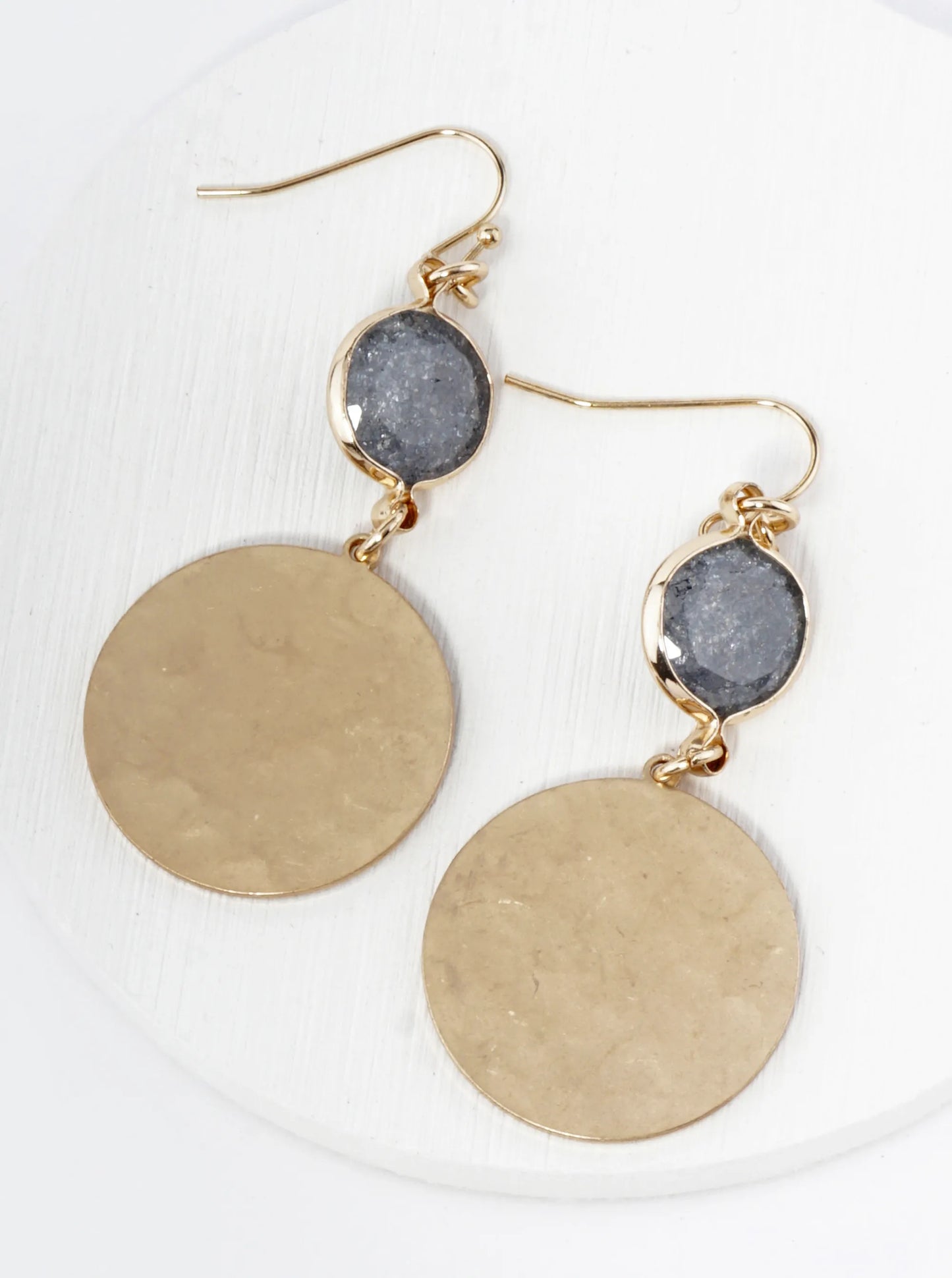 Hammered Metal Disc Drop Glass Stone Dangle Drop Earrings