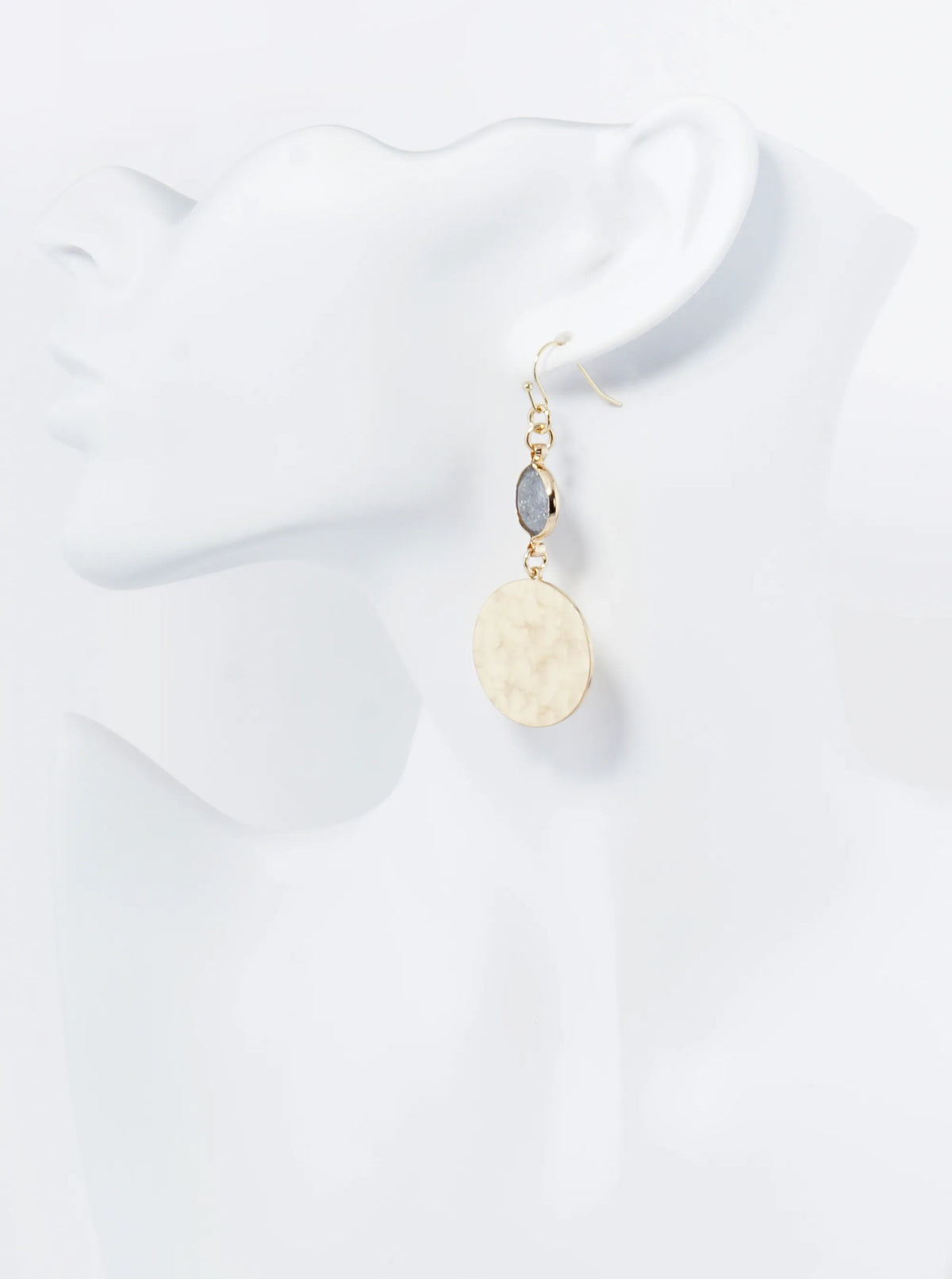 Hammered Metal Disc Drop Glass Stone Dangle Drop Earrings