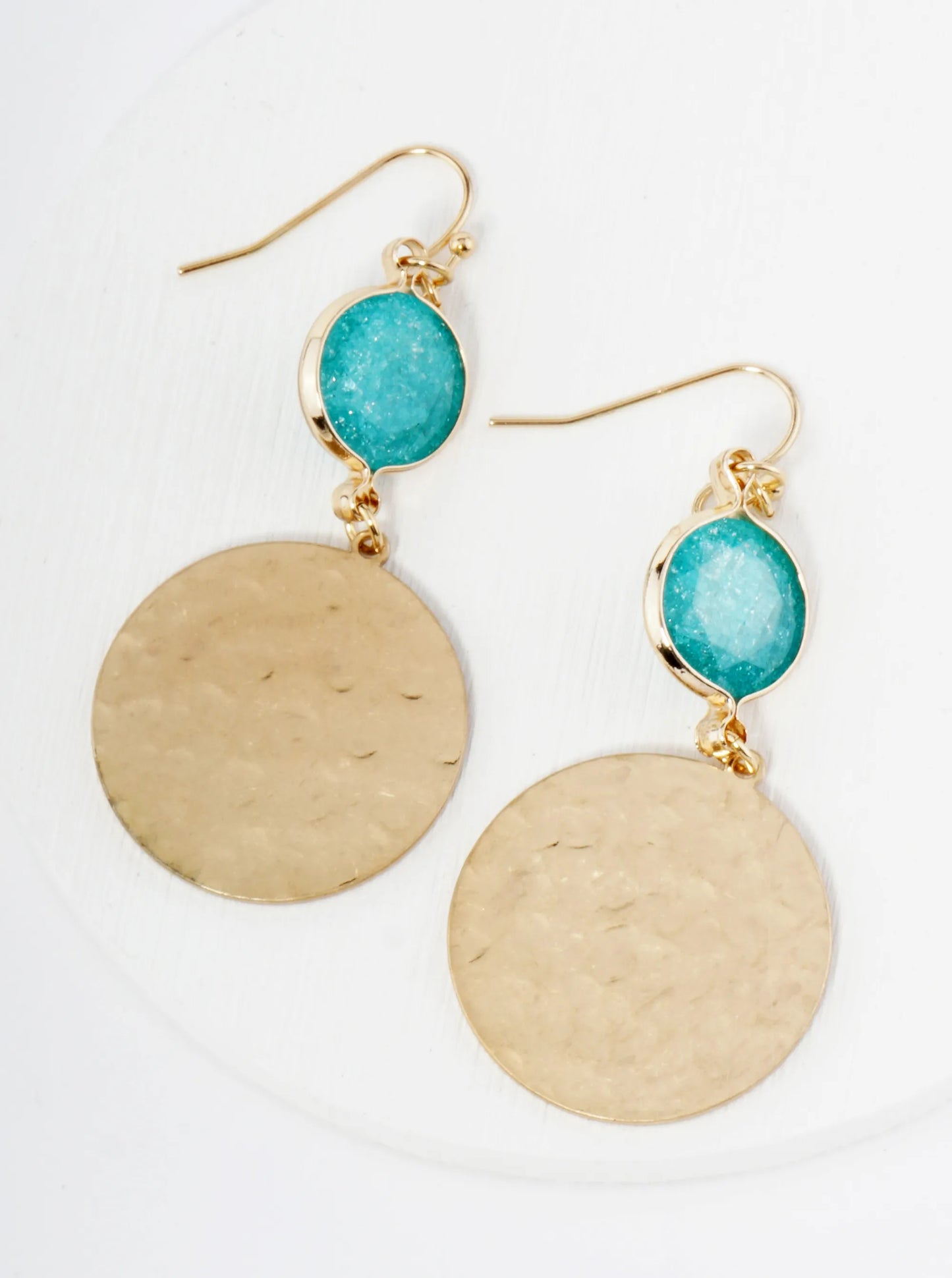 Hammered Metal Disc Drop Glass Stone Dangle Drop Earrings