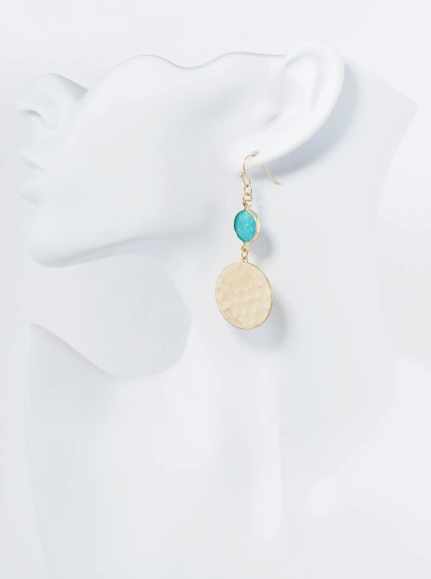 Hammered Metal Disc Drop Glass Stone Dangle Drop Earrings