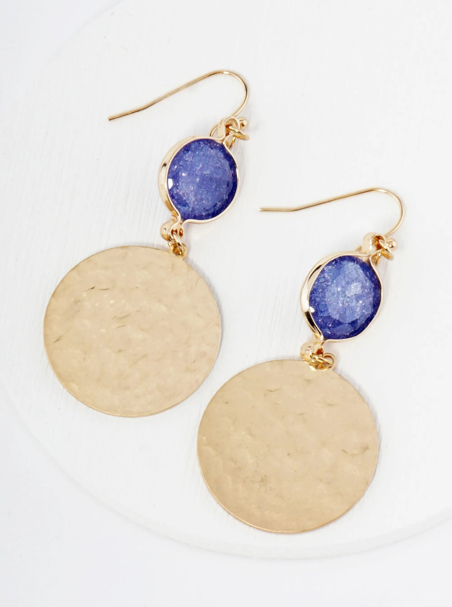 Hammered Metal Disc Drop Glass Stone Dangle Drop Earrings