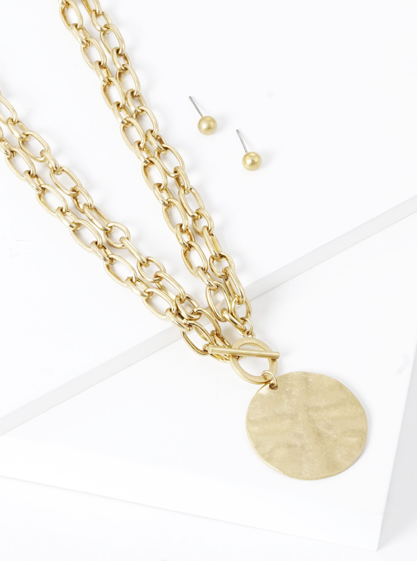 Hammered Metal Disc Pendant Toggle Closure Set With Earrings Chunky Chain Necklace