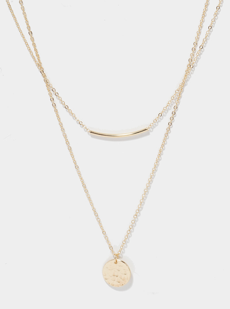 Hammered Metal Disc Pendant With Curved Tube Bar Layered Necklace