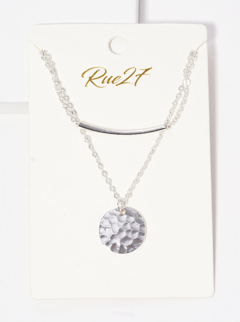 Hammered Metal Disc Pendant With Curved Tube Bar Layered Necklace