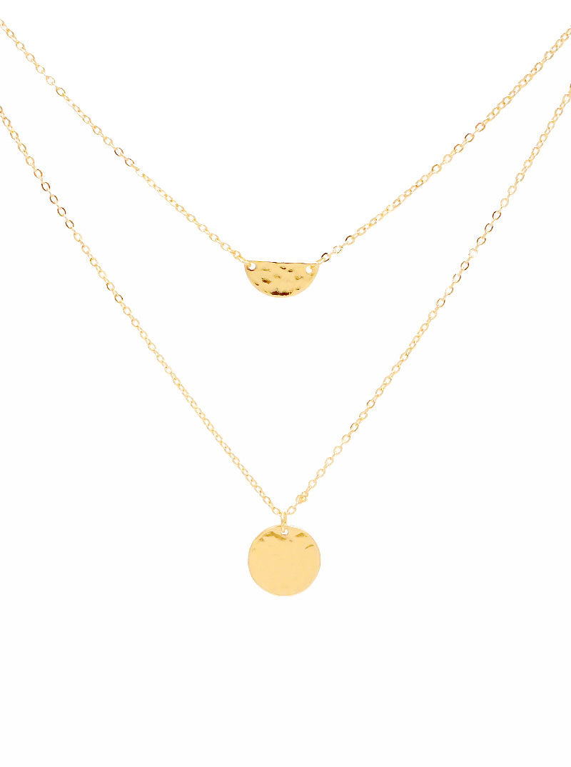 Hammered Metal Disc Semi-Circle Pendant Layered Necklace