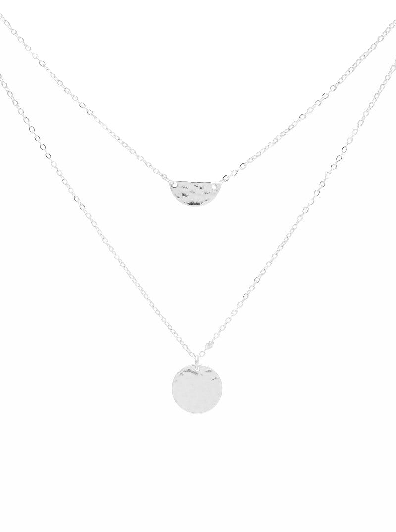 Hammered Metal Disc Semi-Circle Pendant Layered Necklace