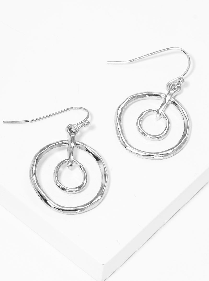 Hammered Metal Double Round Dangle Drop Earrings