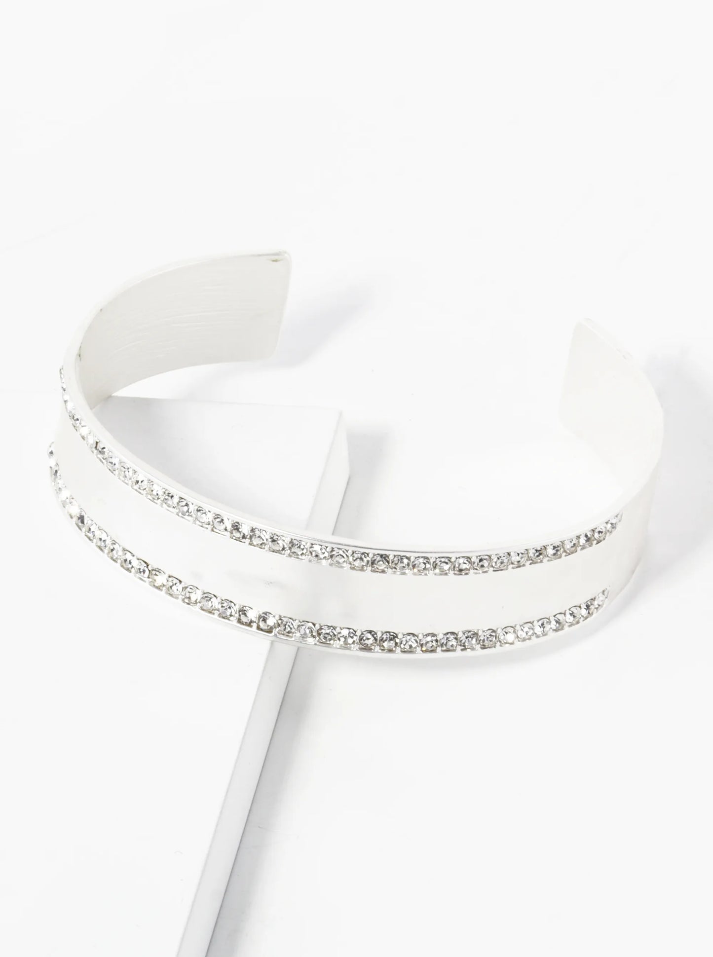 Hammered Metal Double Row Pave Crystal Cuff Bracelet