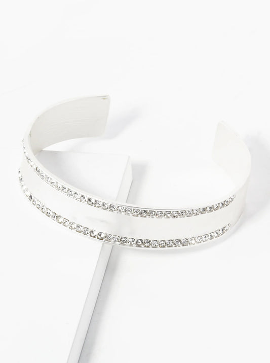 Hammered Metal Double Row Pave Crystal Cuff Bracelet