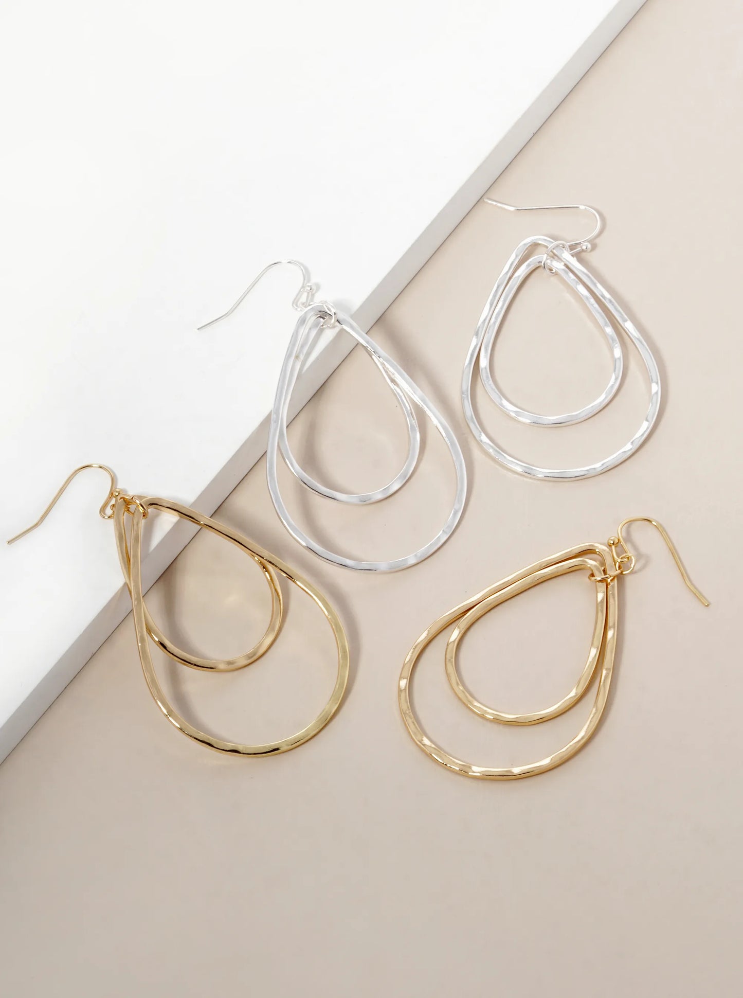 Hammered Metal Double Teardrop Dangle Earrings