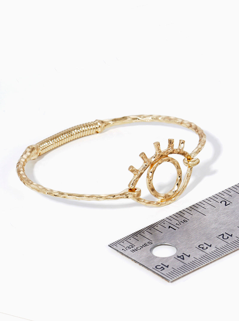 Hammered Metal Evil Eye Accent Fine Spring Hook Closure Bangle Bracelet