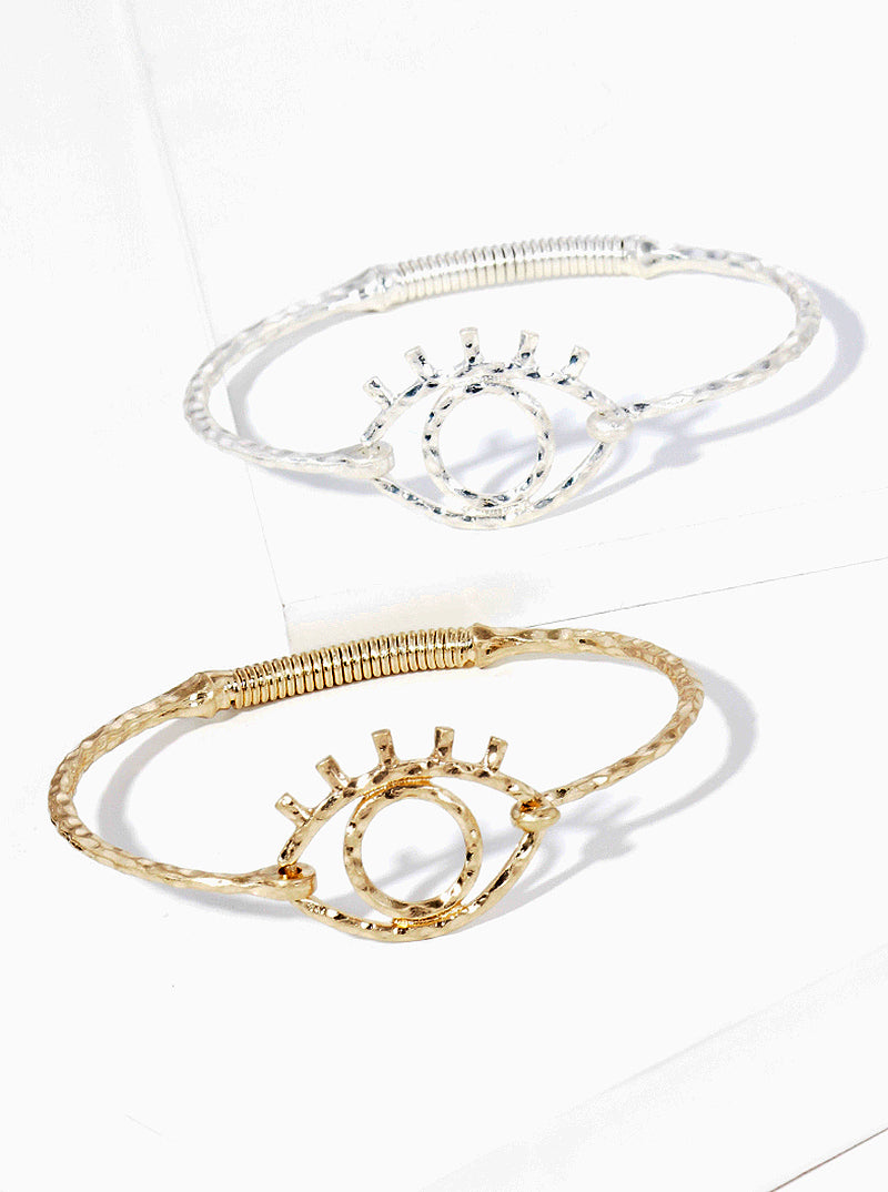 Hammered Metal Evil Eye Accent Fine Spring Hook Closure Bangle Bracelet