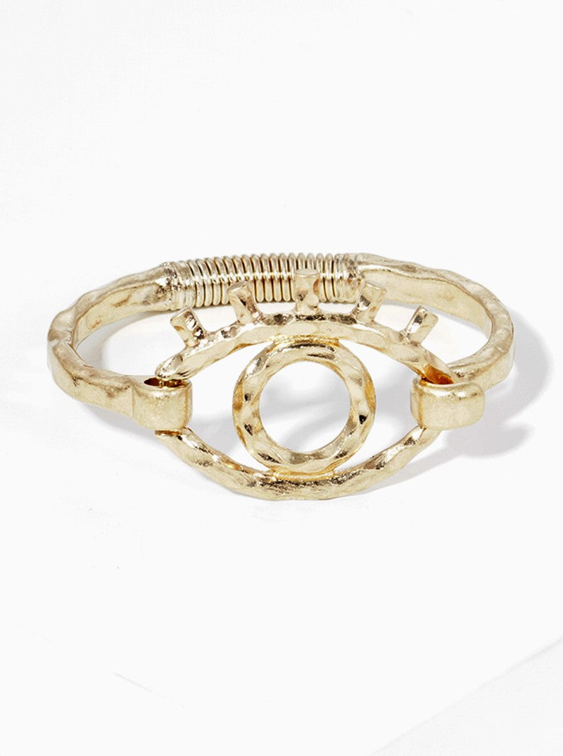 Hammered Metal Evil Eye Accent Spring Hook Closure Bangle Bracelet Worn gold