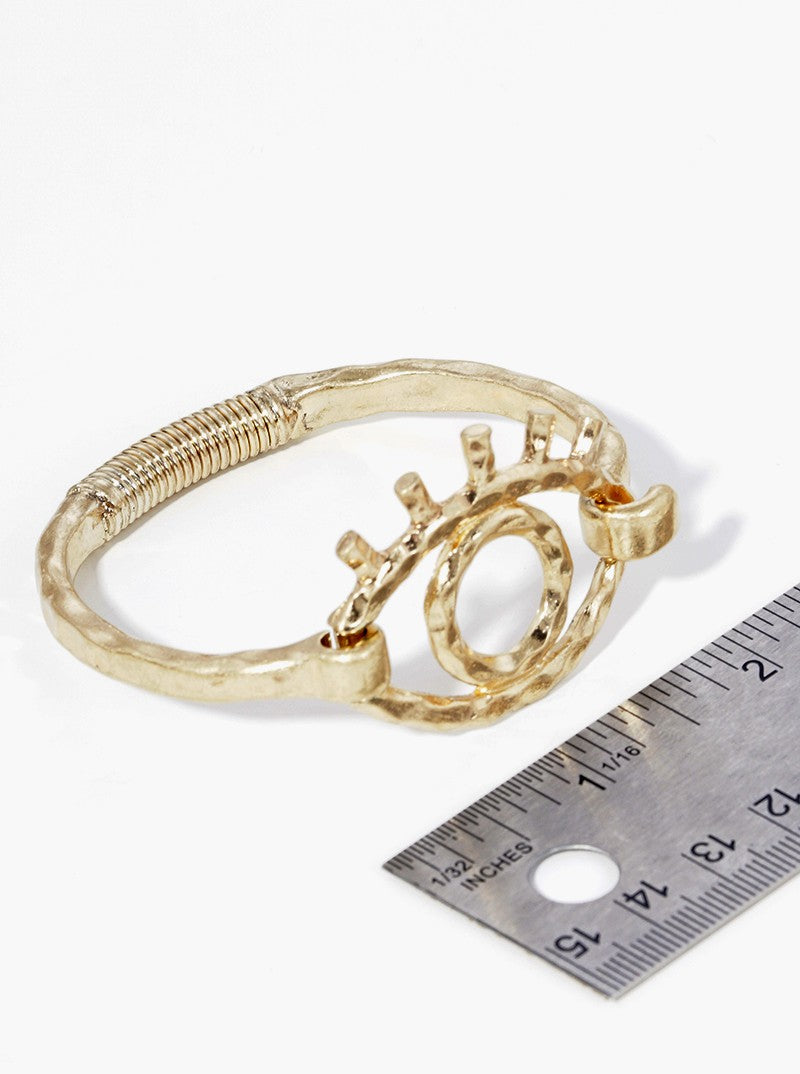 Hammered Metal Evil Eye Accent Spring Hook Closure Bangle Bracelet