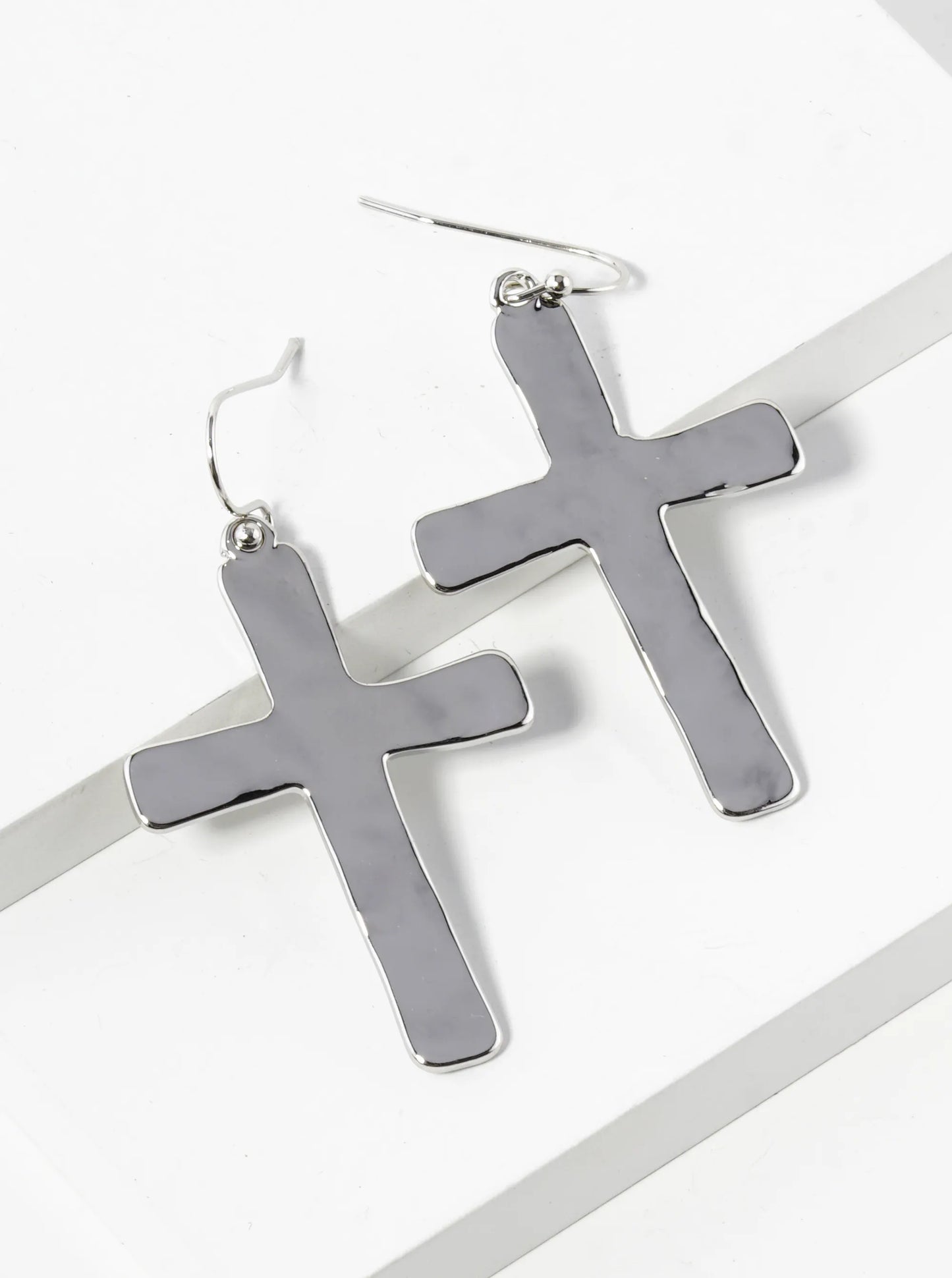Hammered Metal Flat Cross Drop Dangle Earrings
