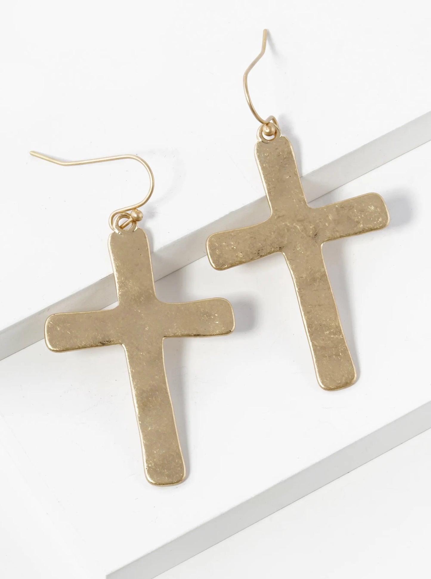 Hammered Metal Flat Cross Drop Dangle Earrings