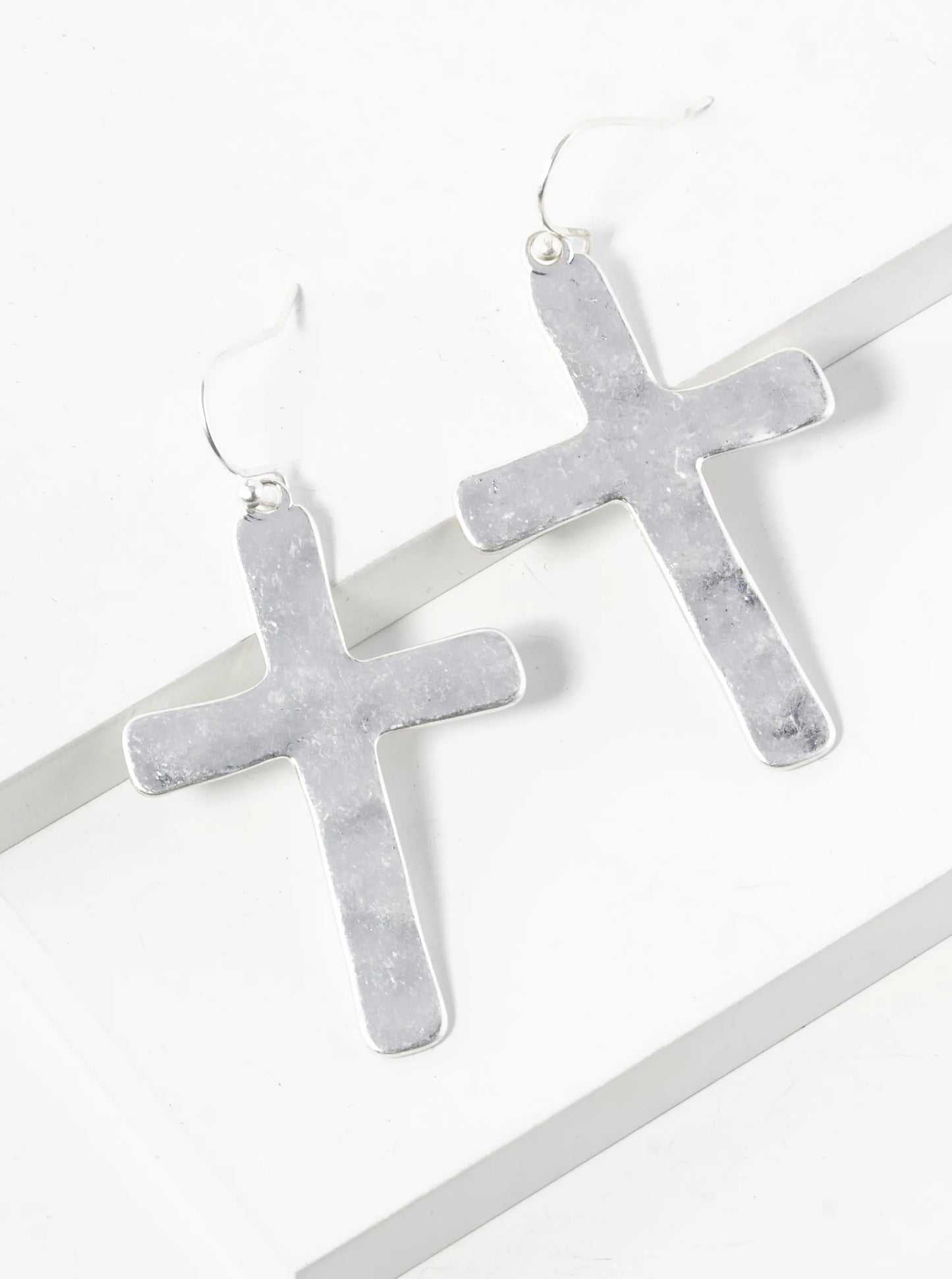 Hammered Metal Flat Cross Drop Dangle Earrings