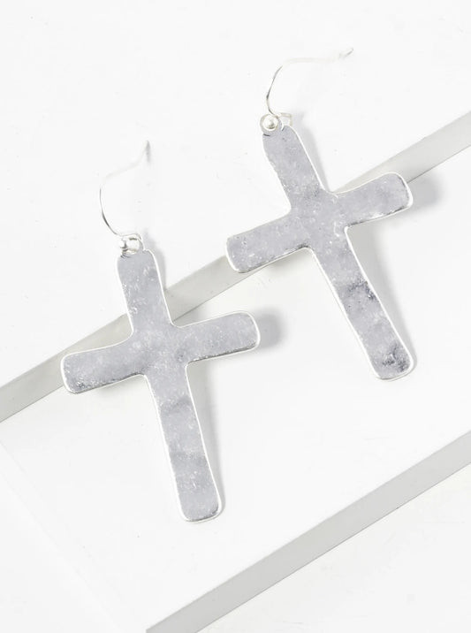 Hammered Metal Flat Cross Drop Dangle Earrings