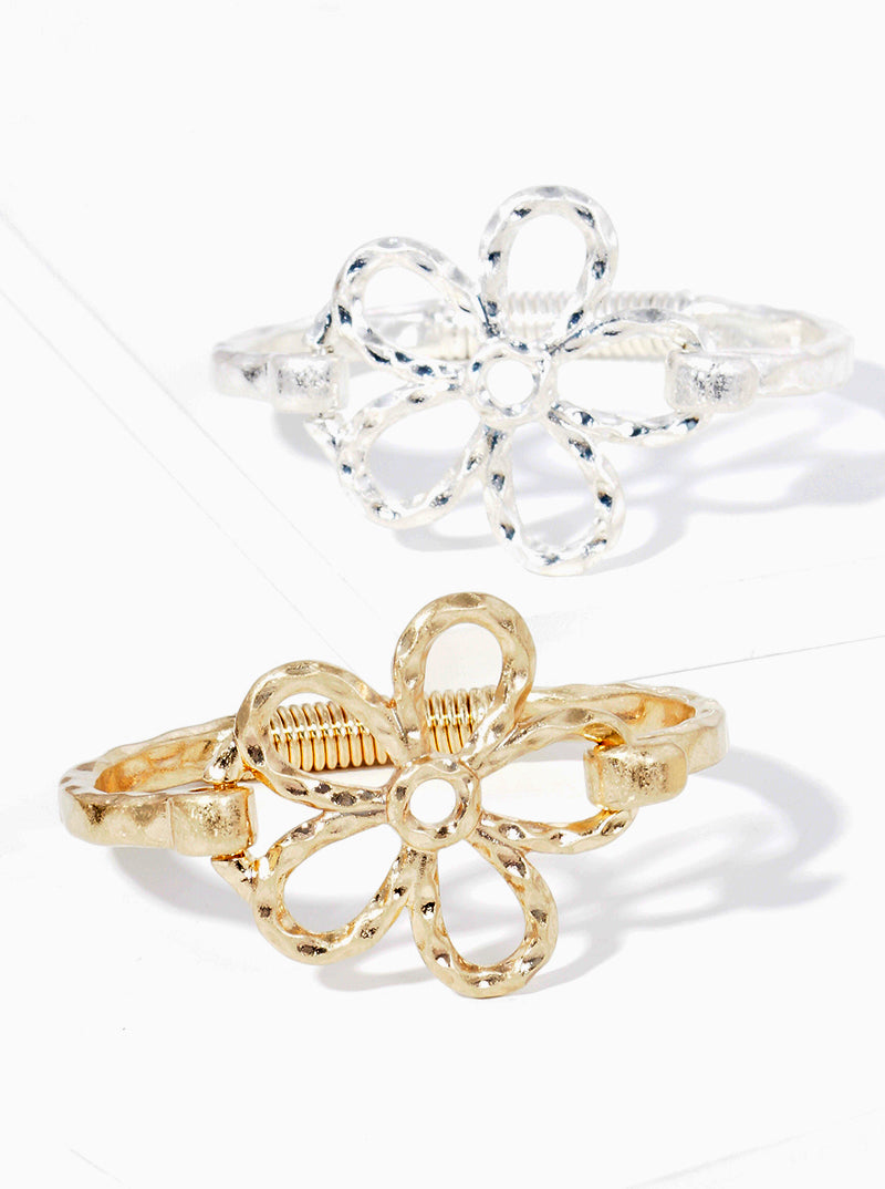 Hammered Metal Flower Hook Bangle Bracelet
