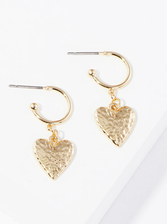 Hammered Metal Heart Drop 10mm Huggie Hoop Earrings