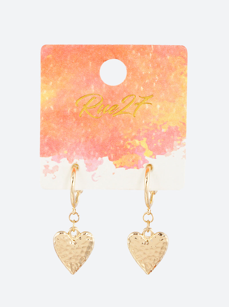Hammered Metal Heart Drop 10mm Huggie Hoop Earrings