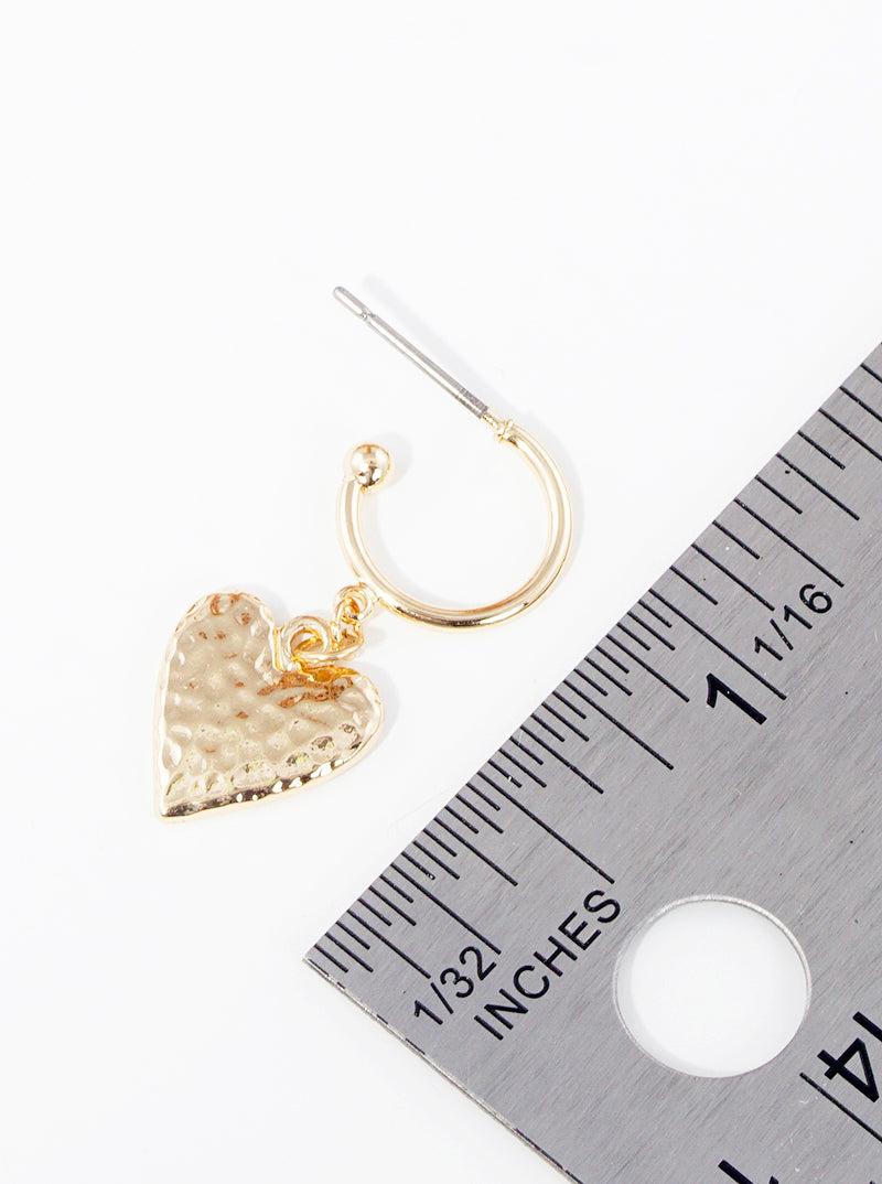 Hammered Metal Heart Drop 10mm Huggie Hoop Earrings