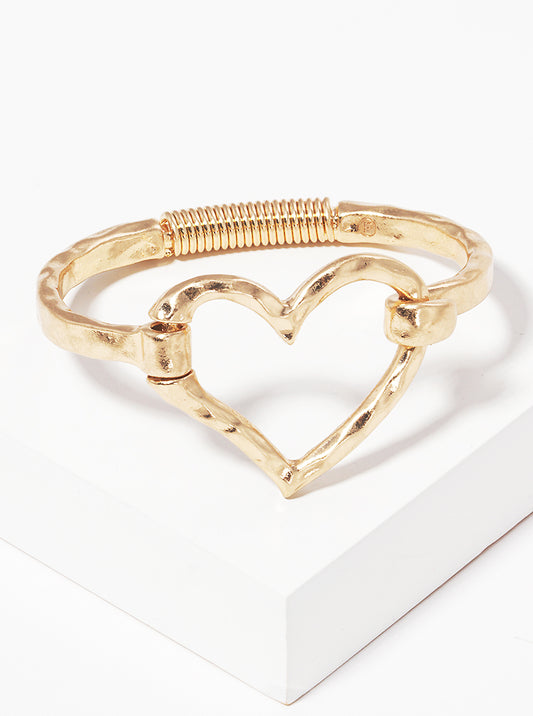 Hammered Metal Heart Hook Clasp Hinged Bracelet