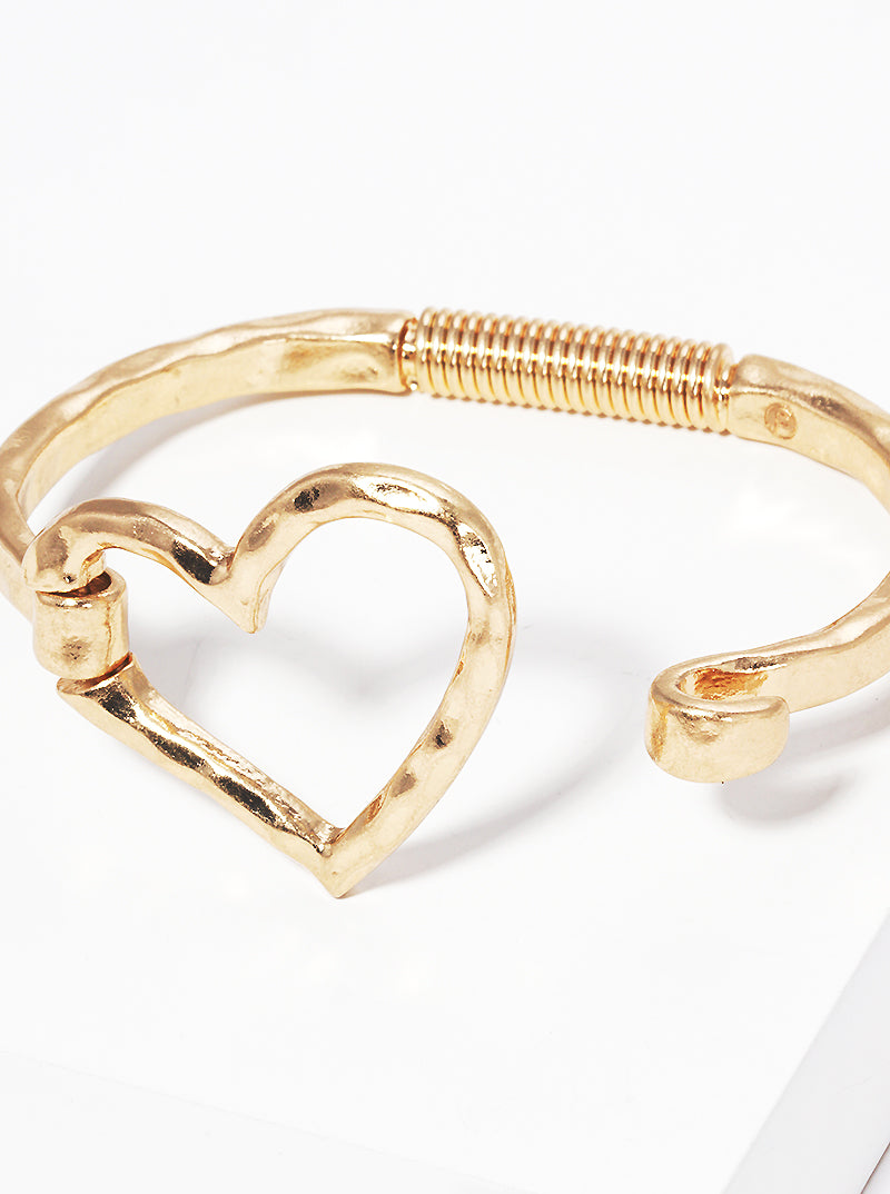 Hammered Metal Heart Hook Clasp Hinged Bracelet