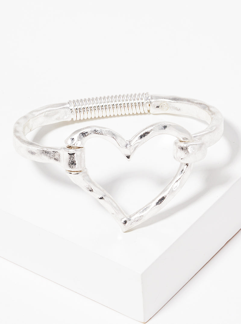 Hammered Metal Heart Hook Clasp Hinged Bracelet