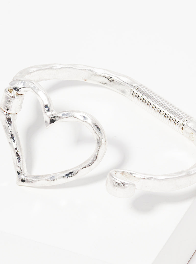 Hammered Metal Heart Hook Clasp Hinged Bracelet