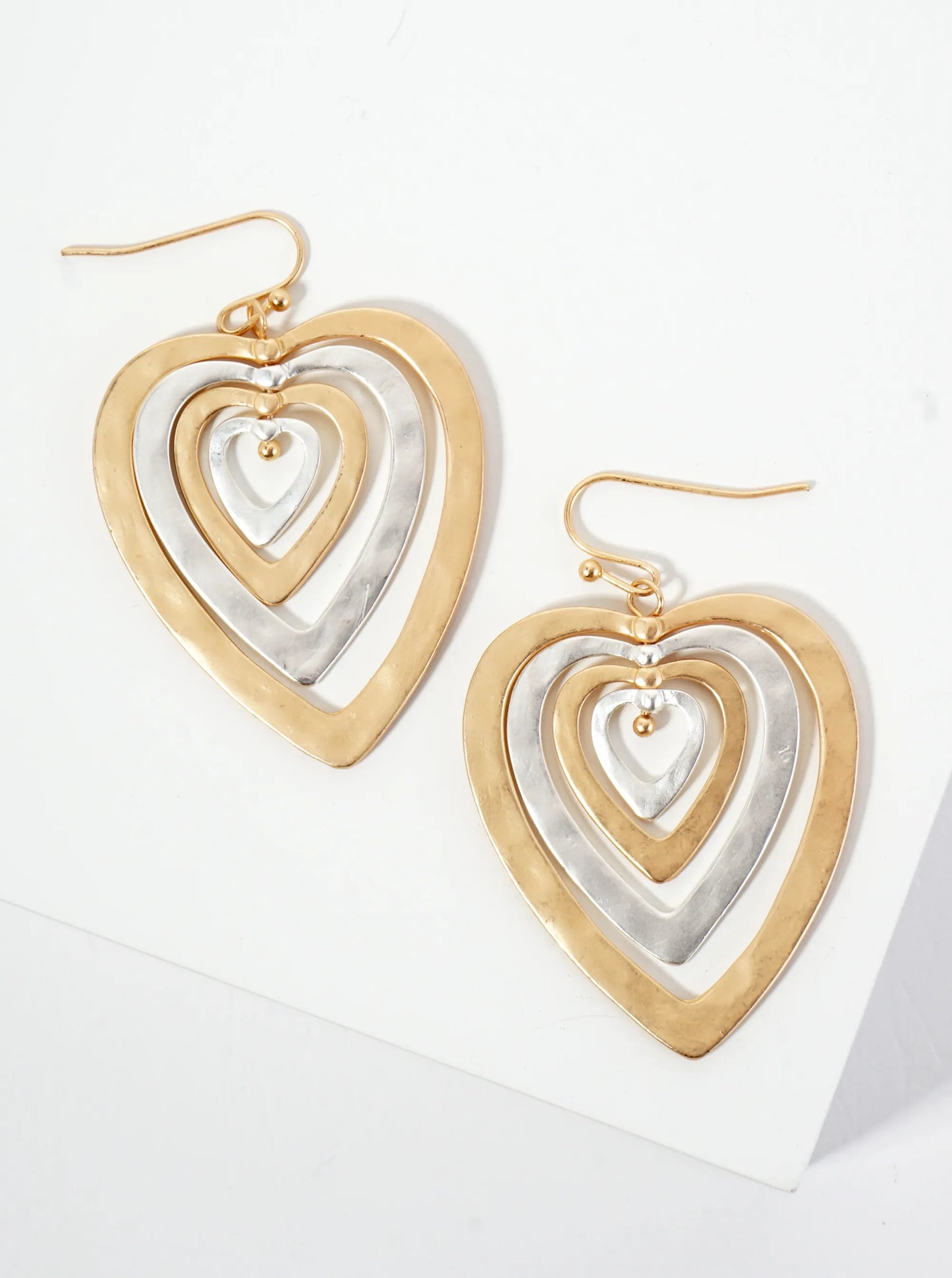 Hammered Metal Layered Heart Dangle Earrings