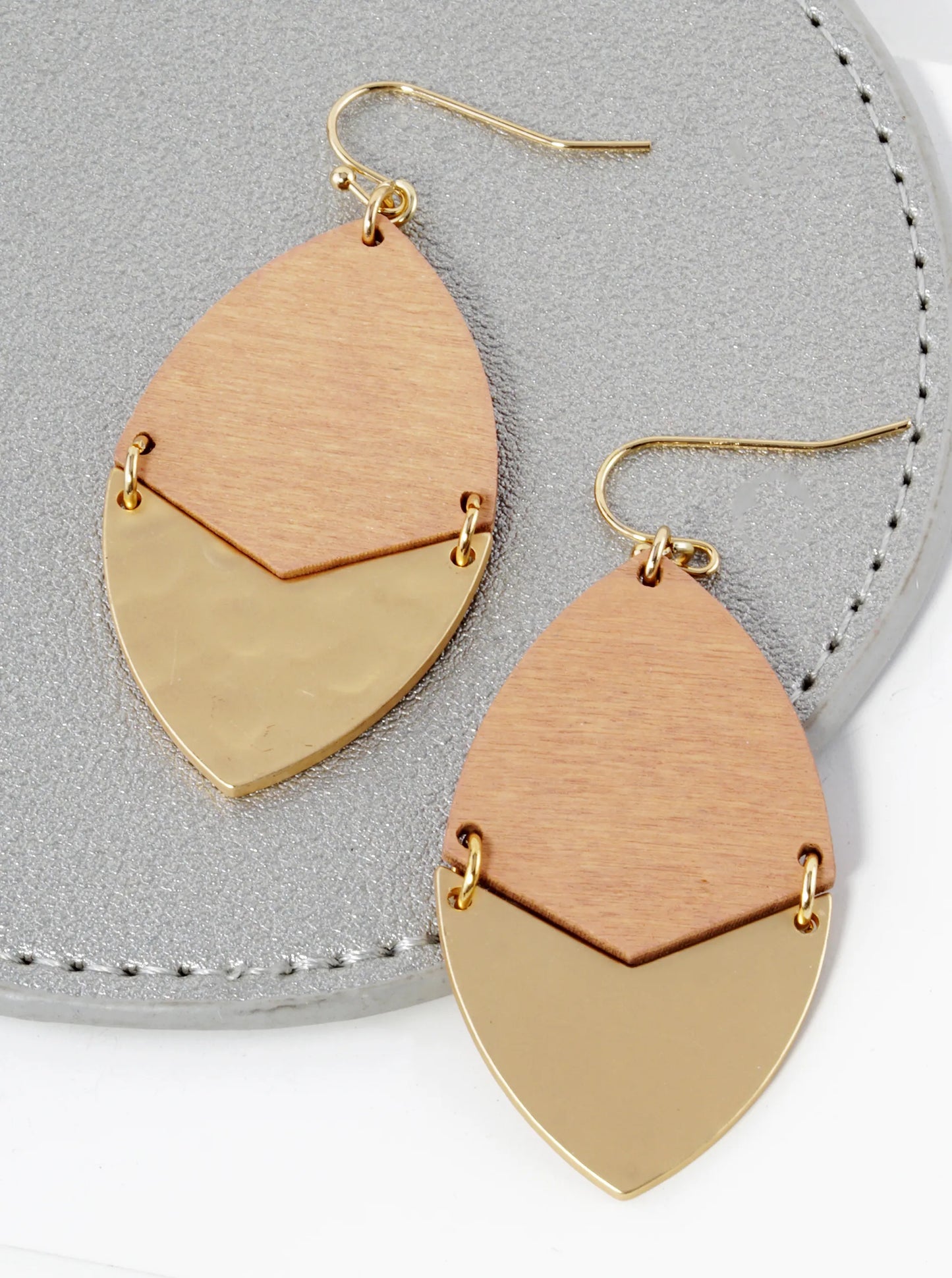 Hammered Metal Marquise Shape Wooden Earrings