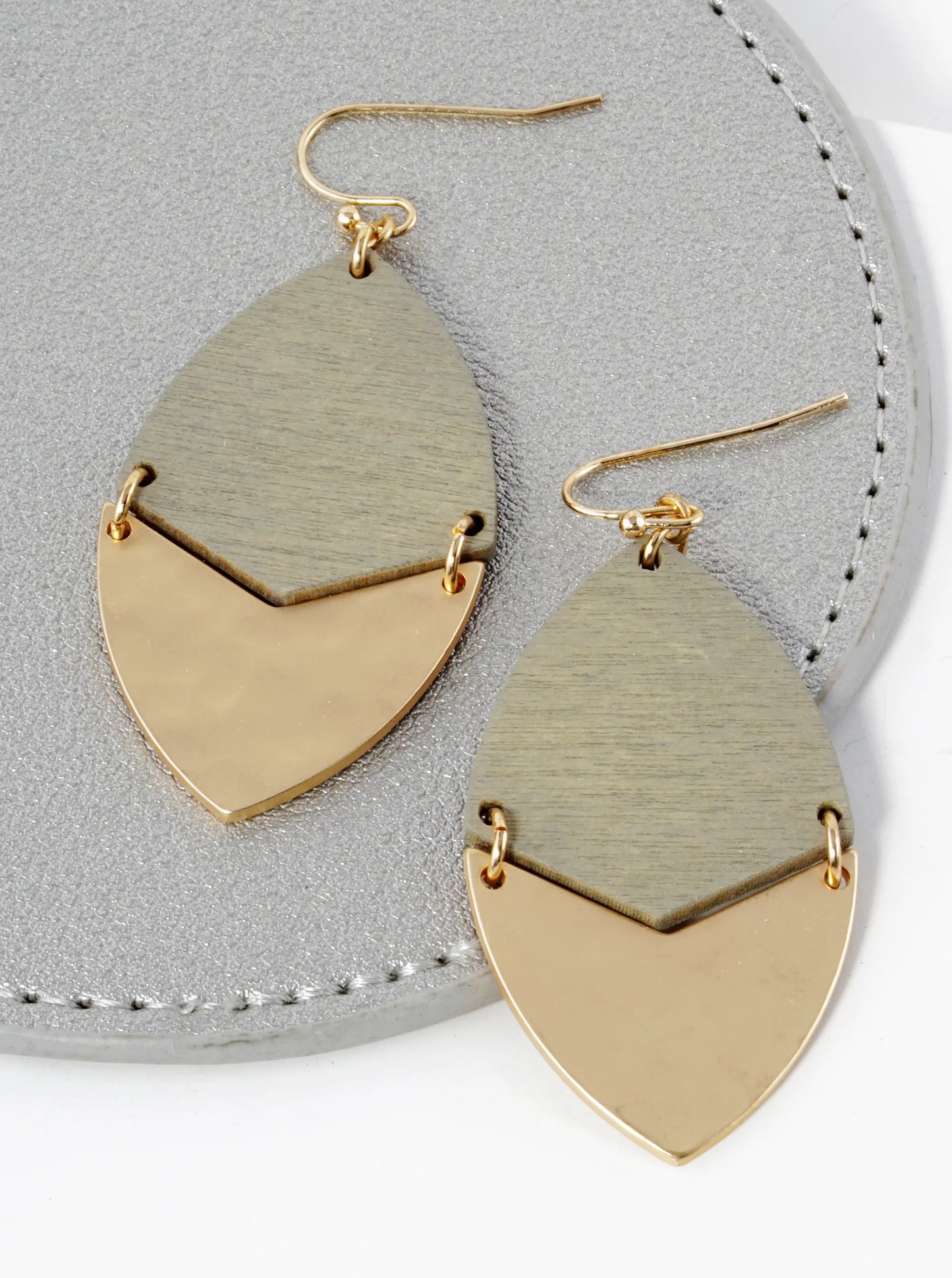 Hammered Metal Marquise Shape Wooden Earrings